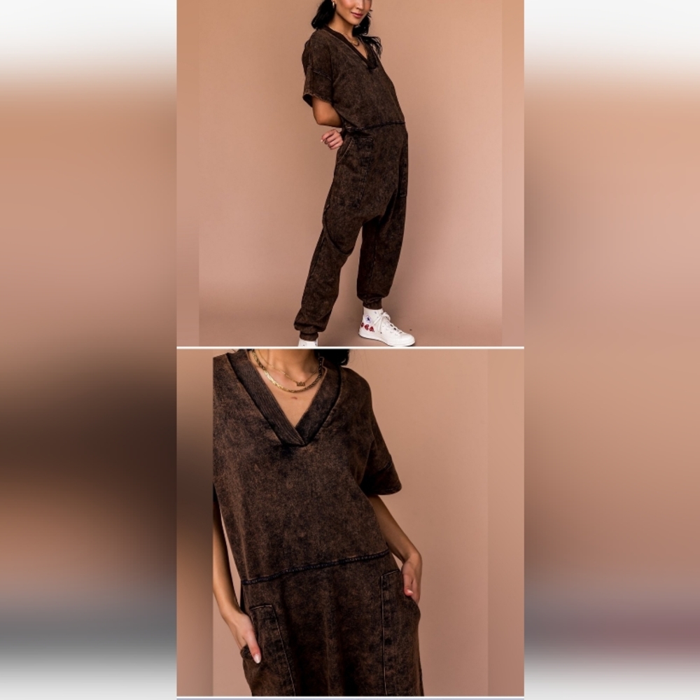 DRESSEDINLALA- KEEP IT COOL ONESIE BROWN ACID WASH